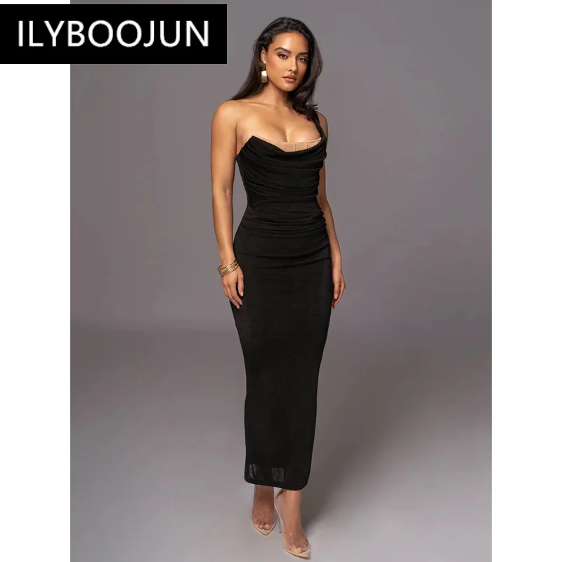 2024 Ladies Patchwork One-shoulder Bodycon Off Shoulder Nightclub Cocktail Party Black Sleeveless Sexy Maxi Dress Brand