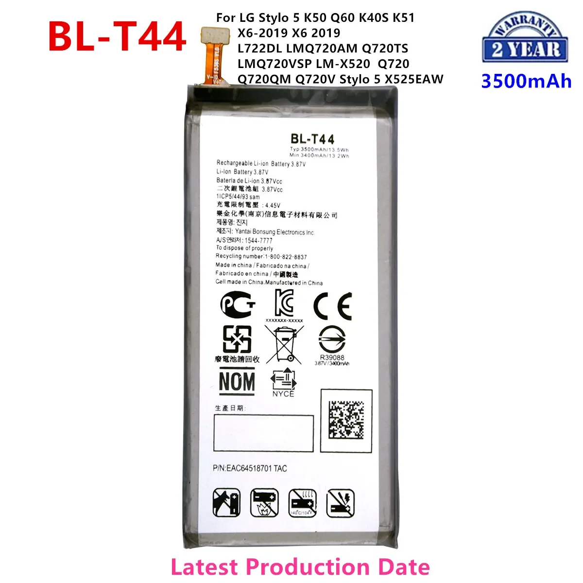 Original BL-T44 3500mAh Replacement Battery For  LG Stylo 5 K50 Q60 K40S K51 X6-2019 X6 2019 Mobile phone Batteries