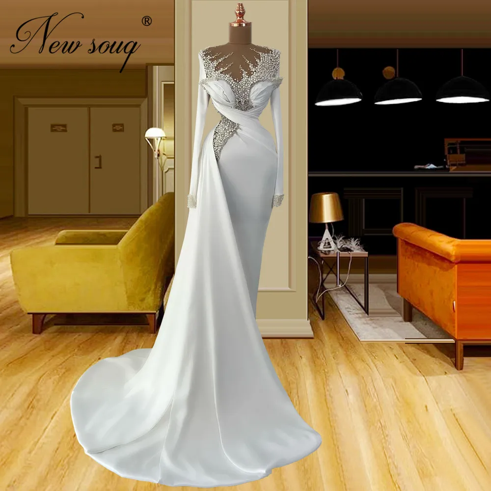 Nahen Osten Langen Ärmeln Prom Kleid Handgemachte Perlen Meerjungfrau Abendkleider Dubai Couture Weiß Satin Hochzeit Party Kleider 2023