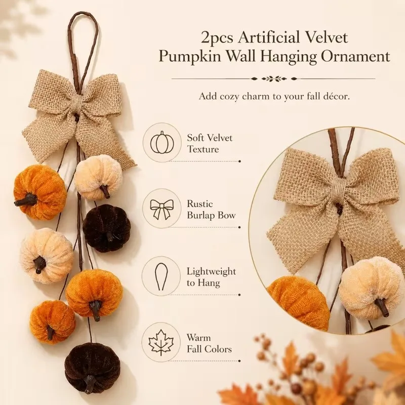 Pumpkin-Shaped Wall Hanging Decoration, Velvet Pumpkin Bow, Hanging Water Drop Handmade Ornament for Home Barn Party Decoration