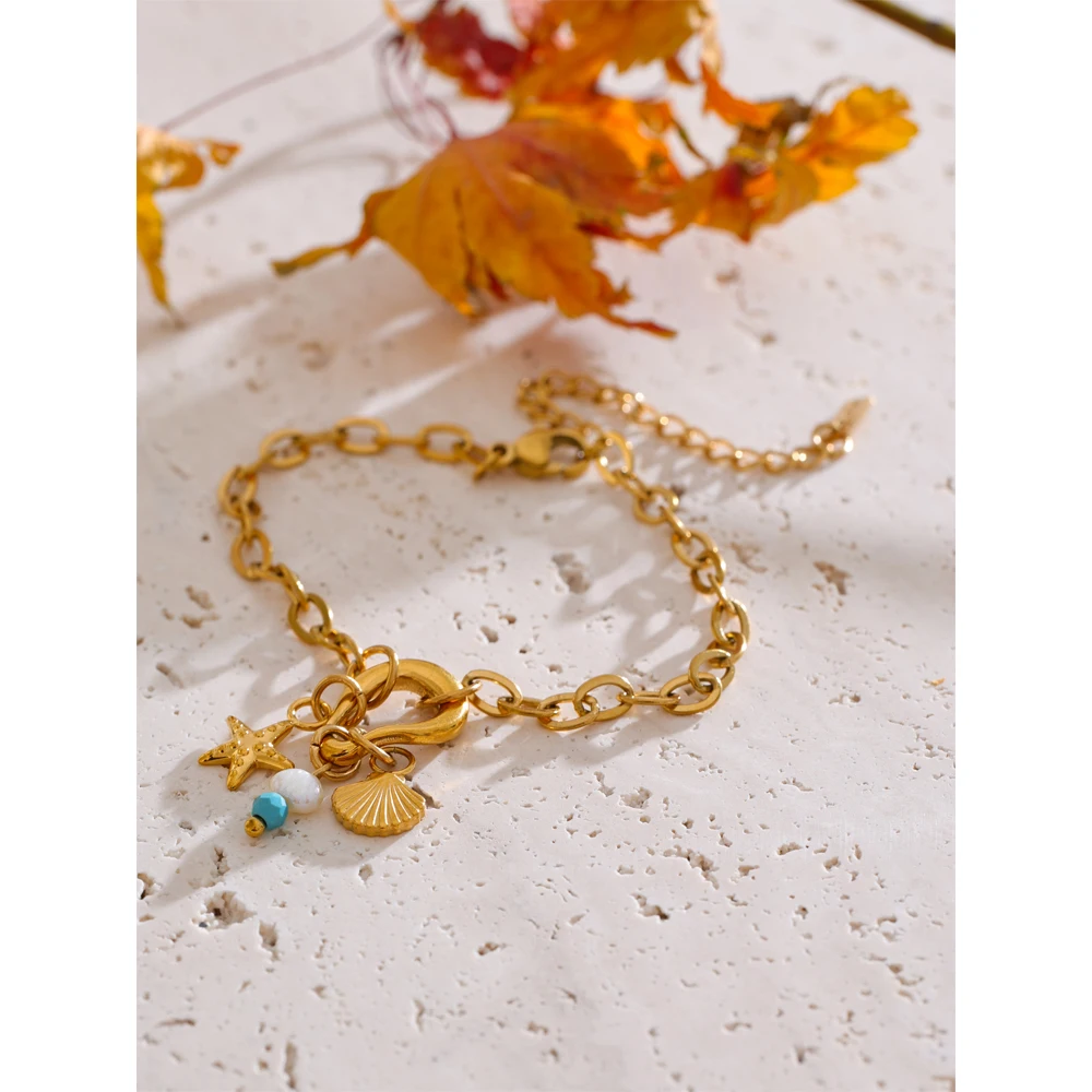 Yhpup Ocean Style Golden Stainless Steel Chain Bracelet Bangle Drop Pearl Turquoise Stone Star Shell 18K Plated Jewelry
