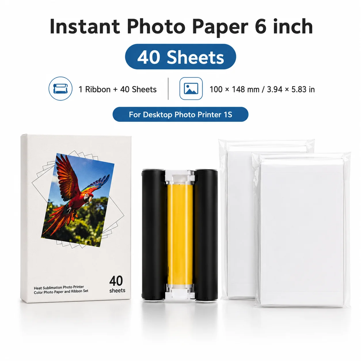 Mijia 1S Photo Printer Vibrant Colors 6-Inch Paper 4x6 Printing Refill Kit with Ink Ribbon 100x148mm for Home & Office
