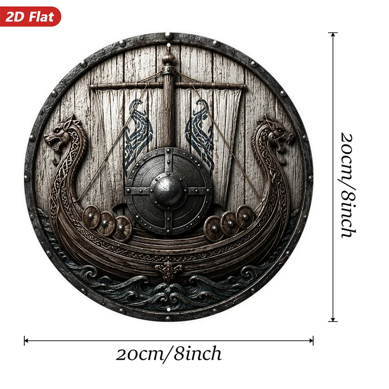 2D Flat, 1pc Viking Longship Round Metal Sign Wall Art, Round Shield Center, Home Decor, Twin Dragon Prows,