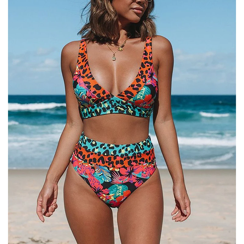 

Ladies Summer Split Swimwears Fashion Leopard Floral Splicing High Waist Bikini Set Female Sexy V-neck Swimsuit Bathing Suit