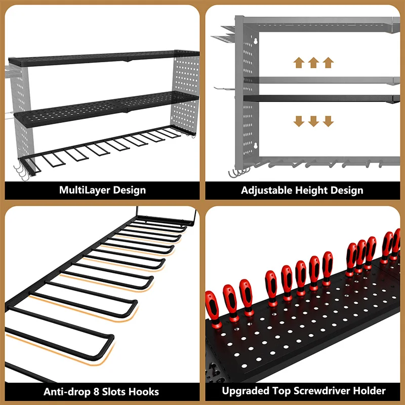 أداة السلطة المنظم الحائط حامل الحفر المرآب أداة المنظم المعادن 8 حامل الحفر رف 3-Tier مفك تخزين الرف