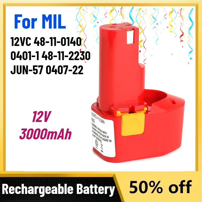 High-Capacity 12V 3.0Ah Battery for MIL 12VC 48-11-0140 0401-1 48-11-2230 JUN-57 0407-22 Electric Hand Drill Power Tool Battery