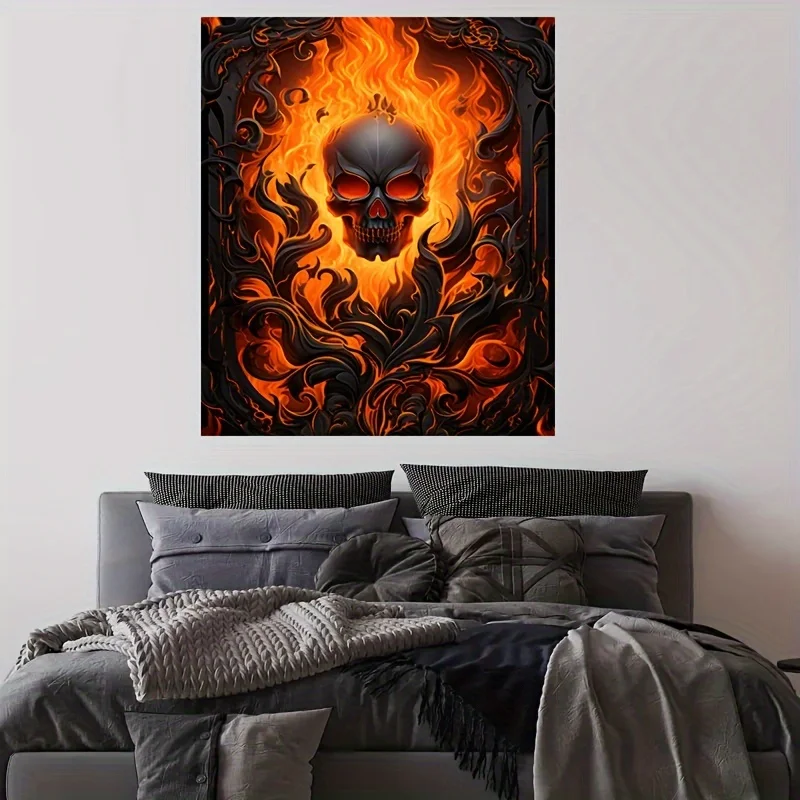 Retro aesthetic burning skull print tapestry, wall hanging tapestry suitable for living room, bedroom, dormitory home decoration