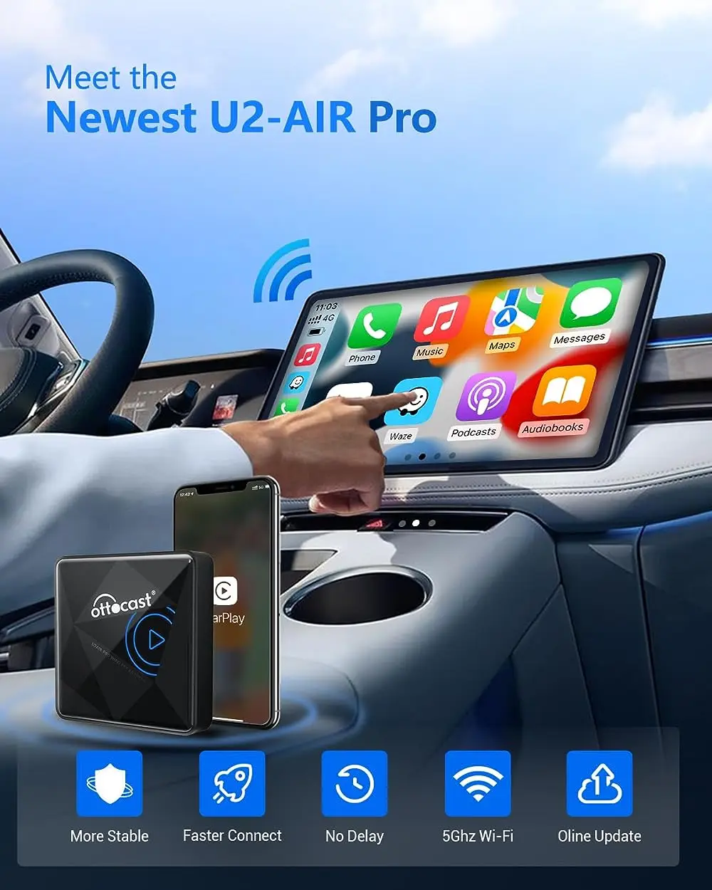 OTTOCAST Wireless CarPlay U2AIR Pro Adapter for iPhone Car Play Dongle For Audi VW Benz Kia Honda Toyota Ford Auto Connect