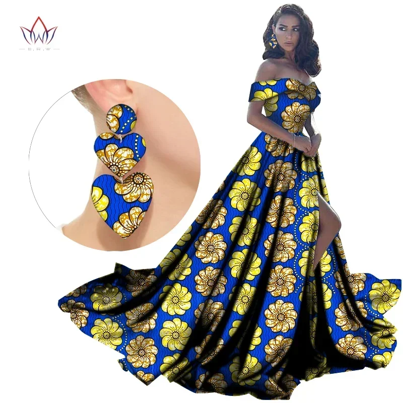 BintaRealWax African Women Dresses with Earring Bazin Off Shoulder Clothing Dashiki Floor-Length Dress for Female WY2734-1