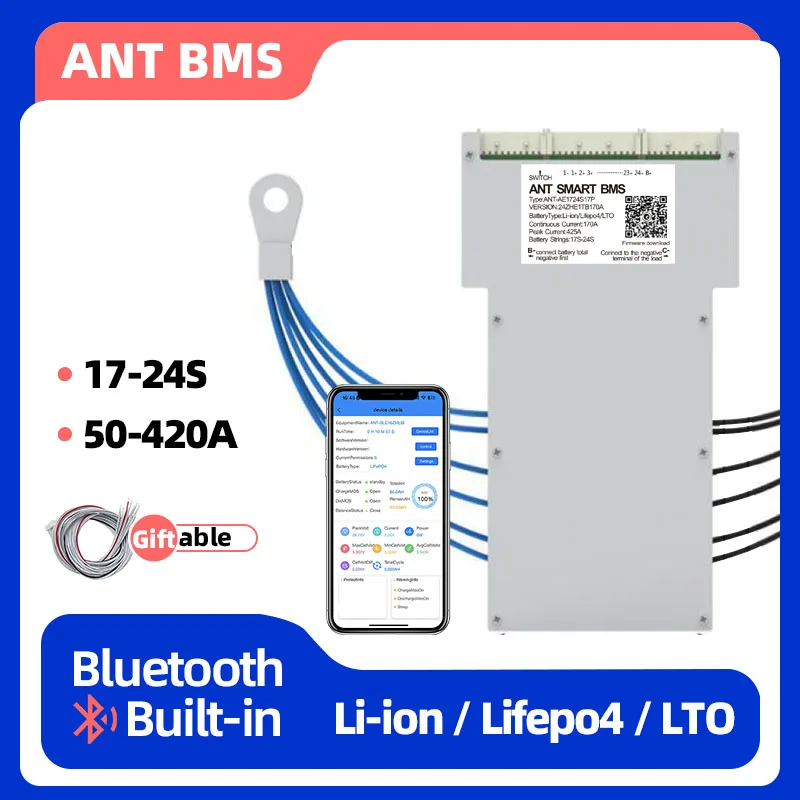 ant smart bms 17-24s 50a-420a Support Li-ion LiFePo4 LTO battery built-in Bluetooth band balancing function 17s 50a bms 60v18650