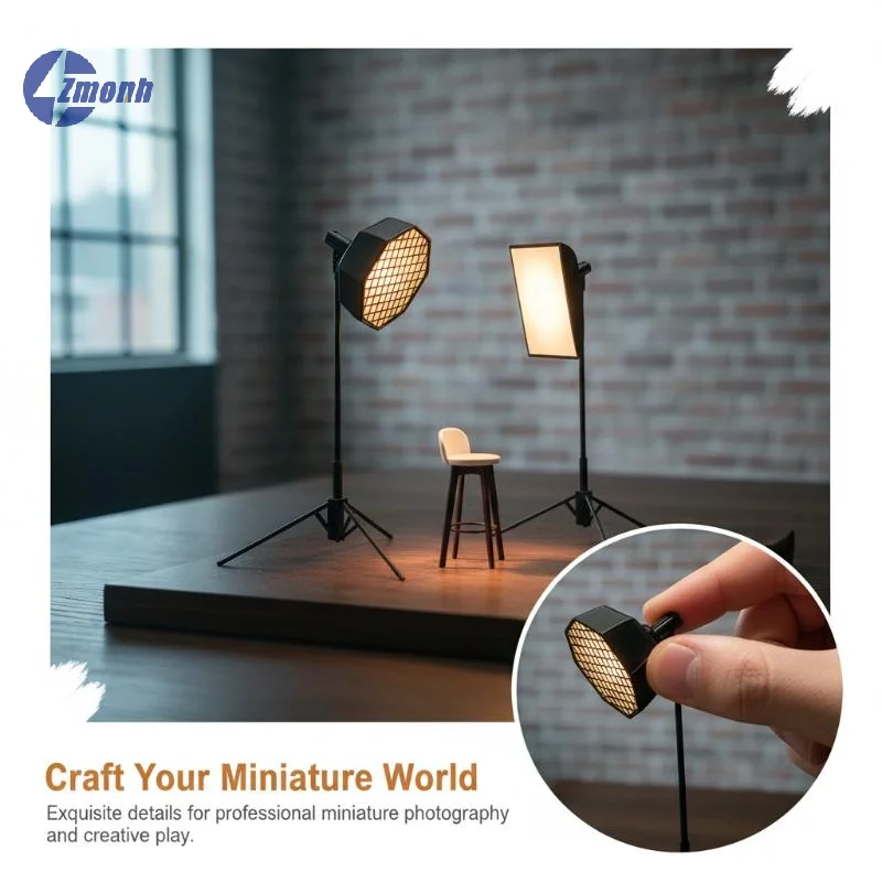 Photography Lighting Layout - 新登場！1/12スケールのミニチュアスタジオライト、ソフトボックス、三脚、写真撮影用スツール。ドールハウスのレイアウトや撮影、装飾に最適なリアルなミニチュア小道具。