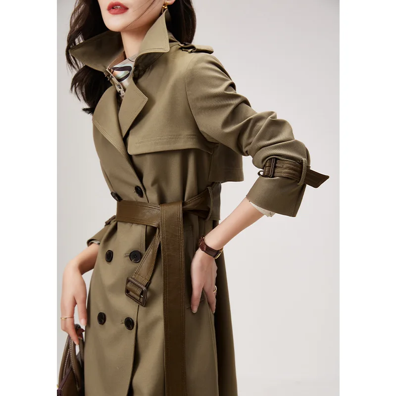 

Women's Long Windbreaker Trench Coat, Double Breasted Coat, Khaki Belt, Quality Overcoat, Spring and Autumn, OL Fashion