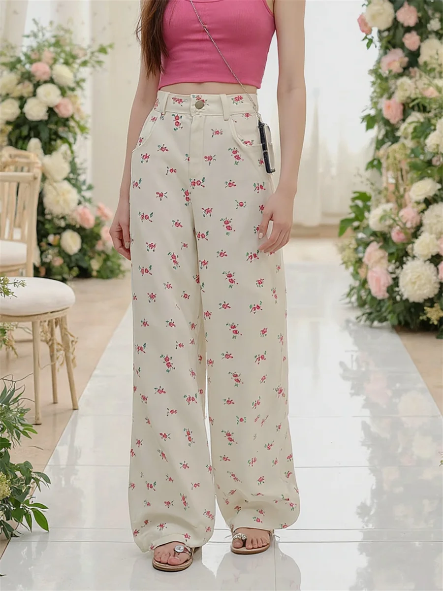 

Милые джинсы с высокой талией и цветочным принтом, мешковатые женские джинсовые брюки, женская одежда, летняя одежда с заниженной промежностью, Boho, отпуск, отдых, молодой