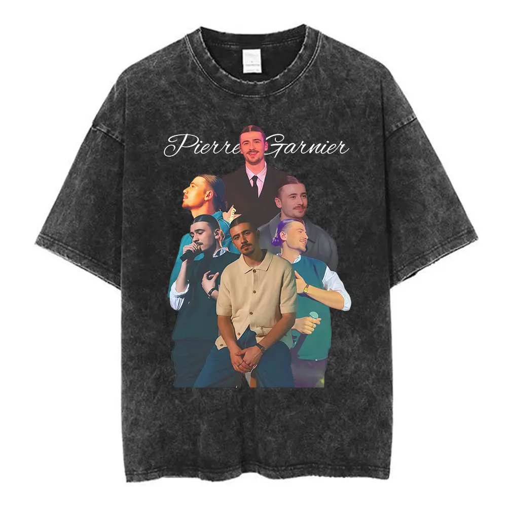 Camiseta Vintage Lavada Pierre Garnier Chaque Seconde Tour para Hombre y Mujer, Ropa de Moda Hip Hop, Camiseta de Manga Corta Oversize