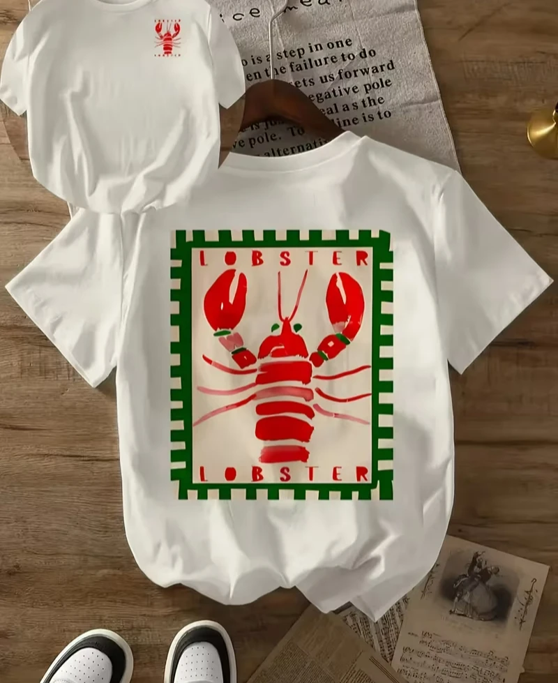 Retro Lobster Stamp Print T-shirt Cute Coastal Graphic Short Sleeve Tops man Women Casual Loose Streetwear Daily Wear Tee