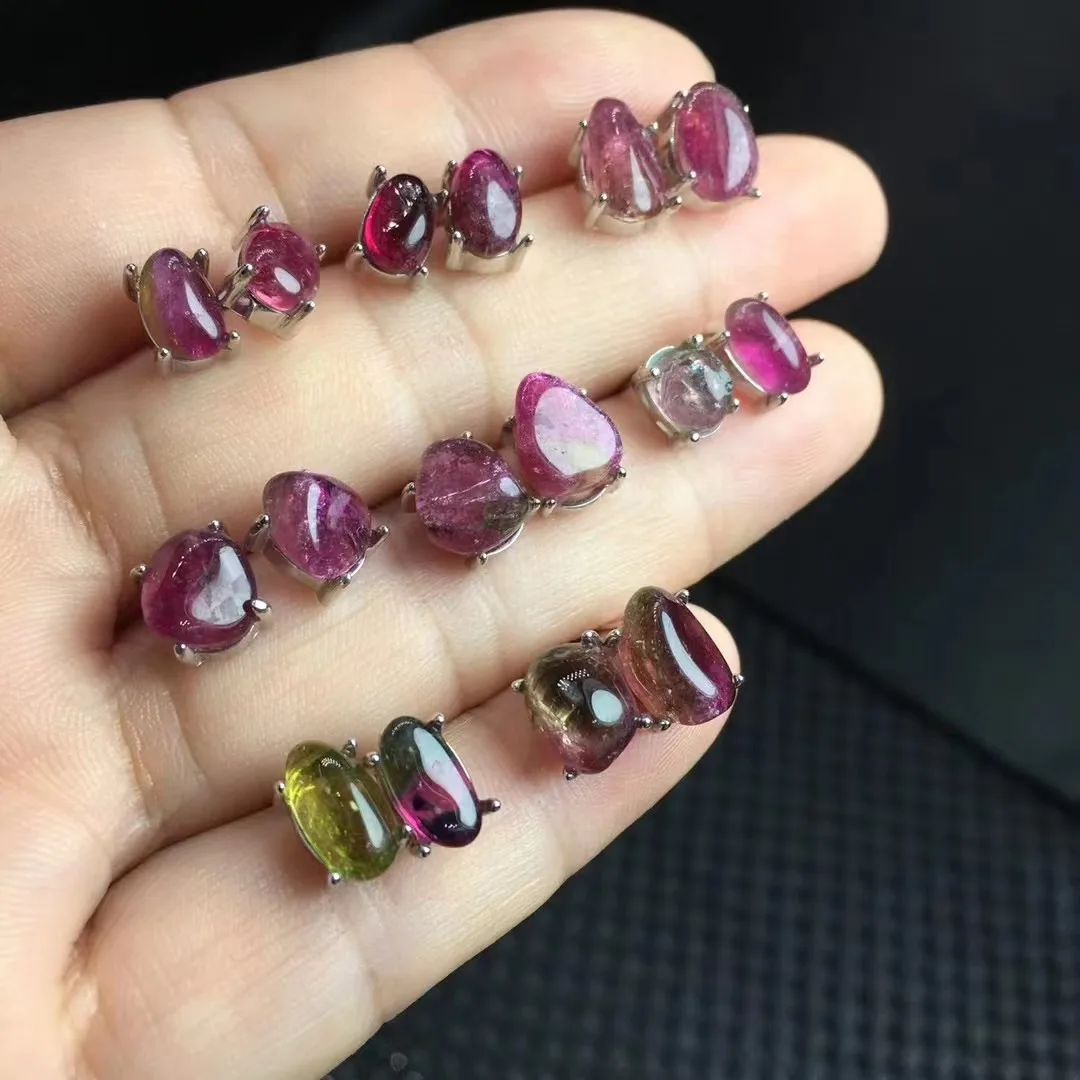 Unit One Pair 925 Silver With Good Quality Natural Watermelon Tourmaline Crystal Healing Random Shape Earrings