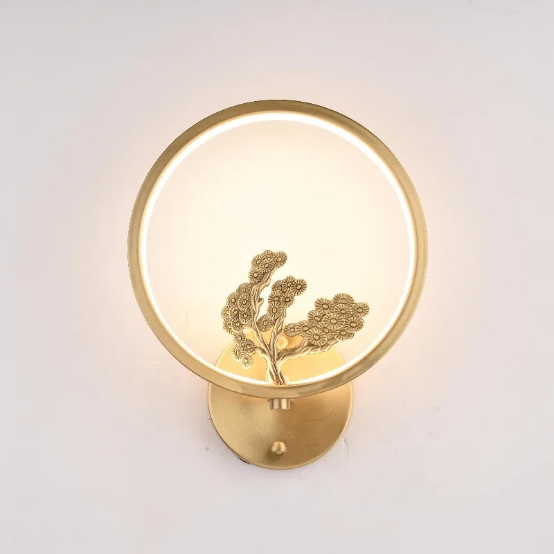 Full Copper Flower and Bird Bed Wall Lamps Modern Simple Hotel Circular LED Wall Sconces Bedroom Creative Bedsides Coffee Shop