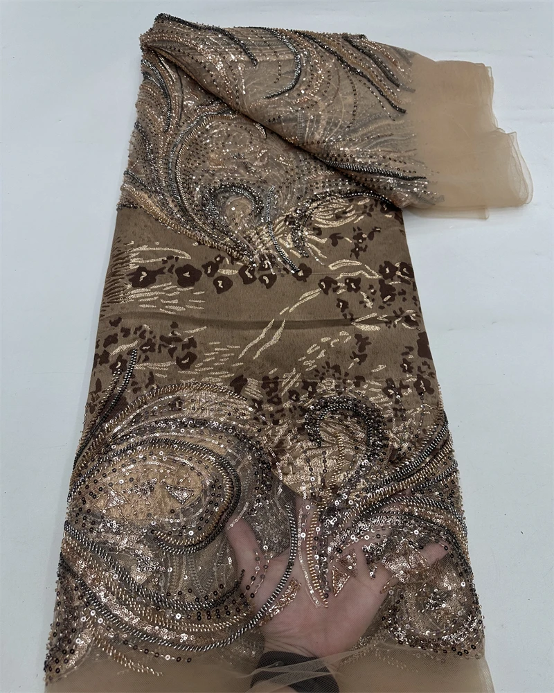 Madison African Sequins Pearls Lace Fabric  High Quality French Heavy Beaded Tulle Lace Fabric Nigeria For Bridal Dress