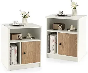 

White Nightstand Set o 2, 25" Tall End Side Table with 1 Door & 2 Open Shelves, Wood Bede Table with Cable Management Hole, ern