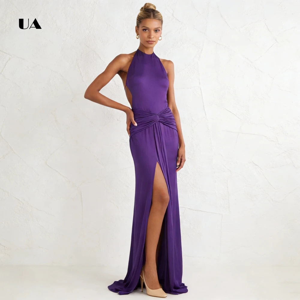 ULBYANRY Gerades Ballkleid aus gerafftem Satin mit Neckholder-Ausschnitt, solides ärmelloses Abendkleid, rückenfreies, individuelles Partykleid