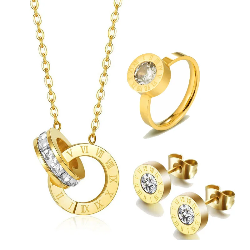 

Simple And Stylish Round Zircon Roman Numeral Pendant Ring Necklace Titanium Earrings Beautiful Jewelry Set