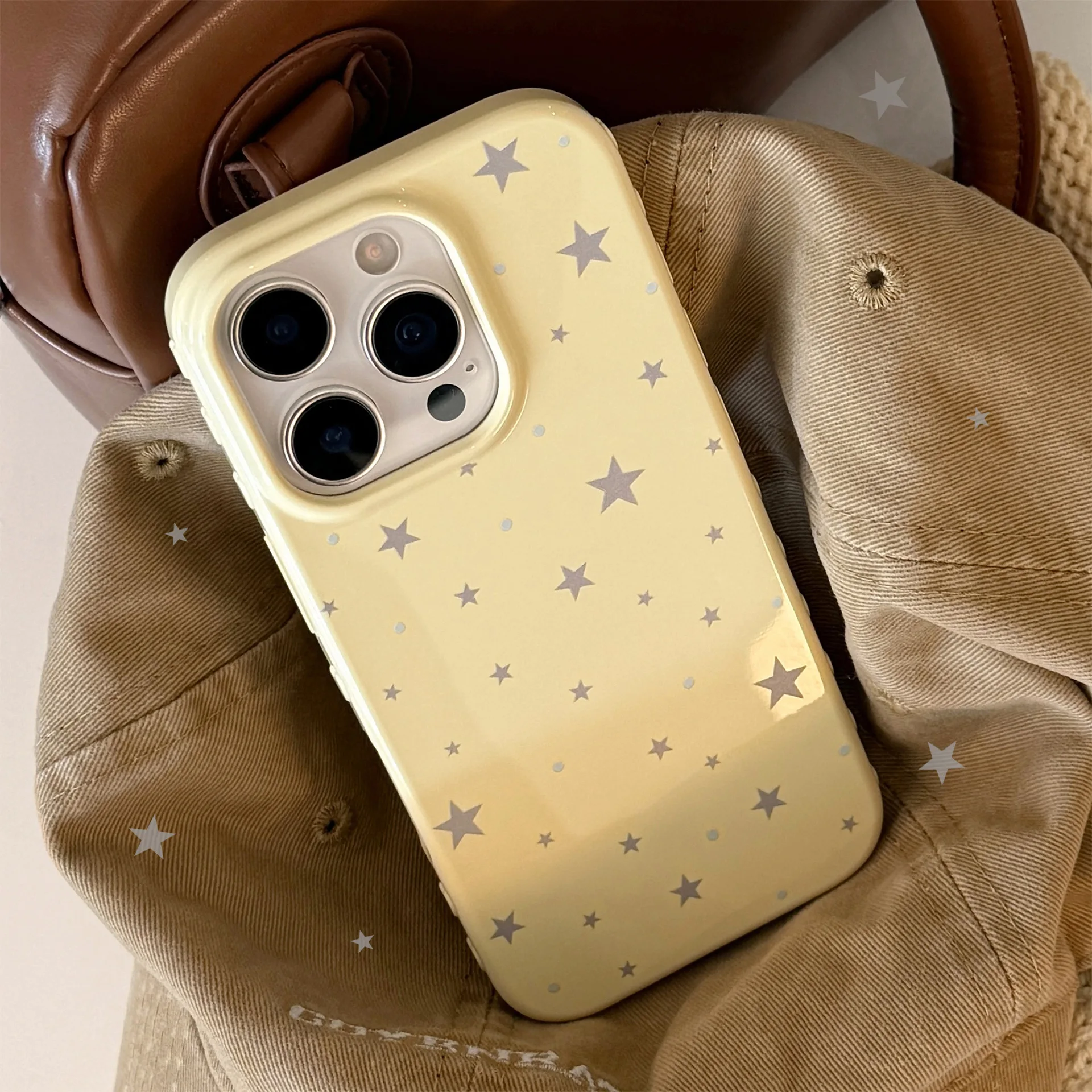 Korean Style Yellow Full Screen Grey Stars Soft Phone Case For iPhone 17 16 15 14 13 12 Pro Max Shockproof Protective Cover﻿