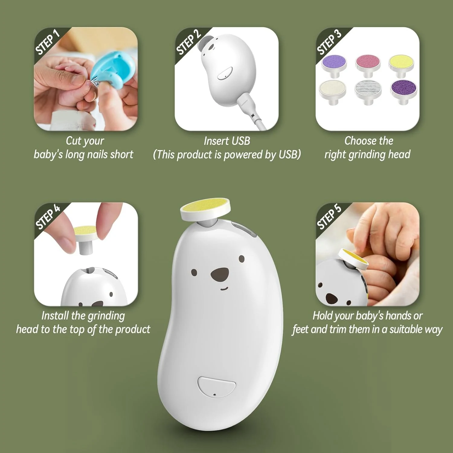 B03C-Baby Nail Trimmer Electric, Rechargeable Baby Nail Clippers With 6 Grinding Heads And LED Light, Safe Baby Nail File Easy T