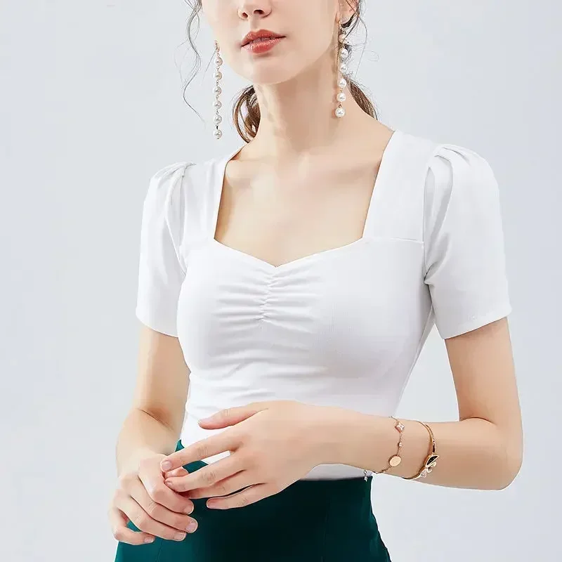 

Женская хлопковая блузка в весенне-летнем стиле, женская однотонная блузка с квадратным воротником и пышными рукавами, элегантные сексуальные тонкие топы DD8402