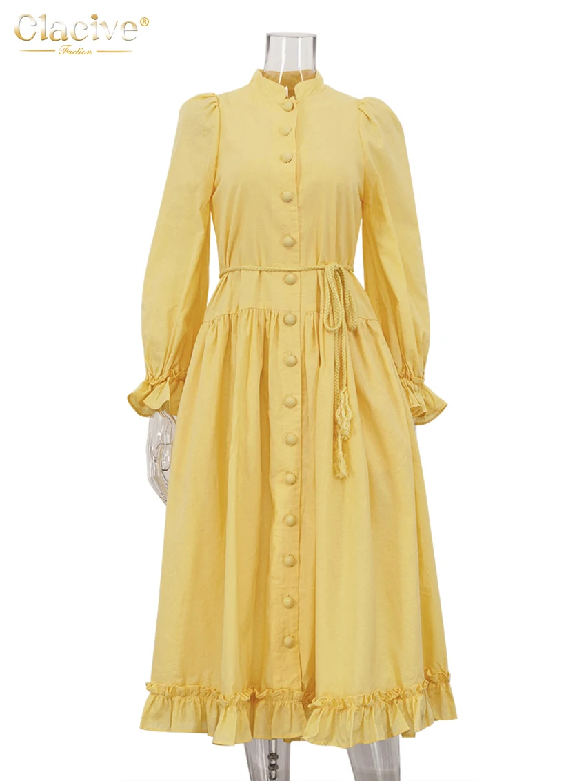 Clacive Mode Losse Gele Vrouwen Jurk 2025, Casual Stand Kraag Lange Mouw Enkellange Jurken Elegante Kant-Up Vrouwelijke Jurk