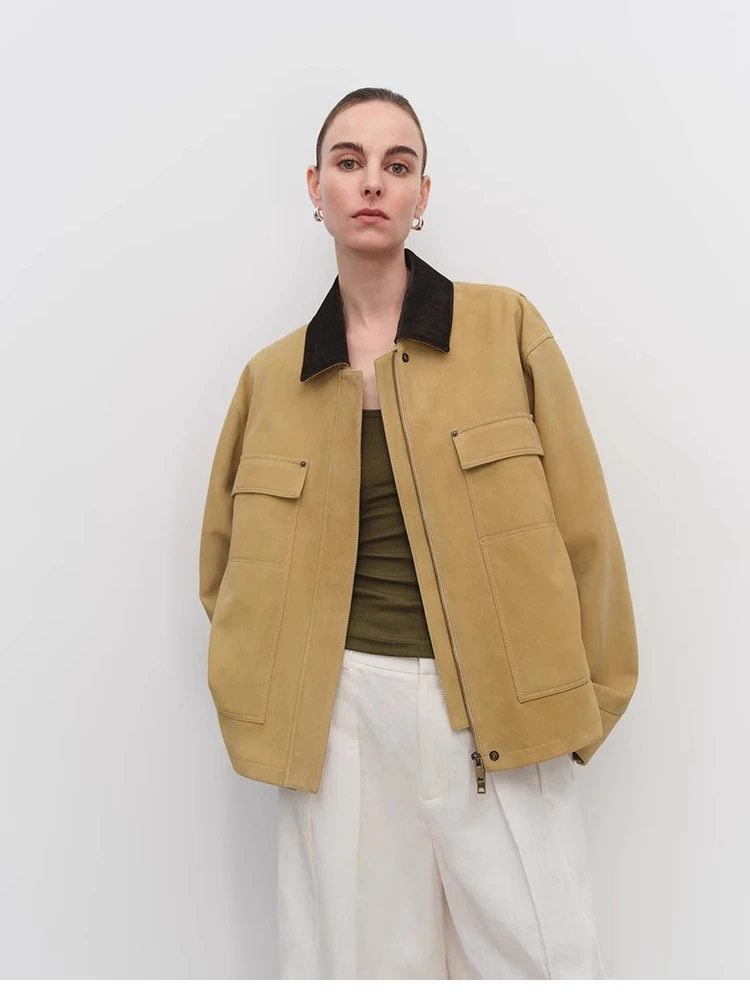 빈티지 짧은 정품 가죽 자켓 여성 봄 가을 하이 엔드 간단한 대비 코듀로이 옷깃 디자인 진짜 염소 가죽 스웨이드 코트