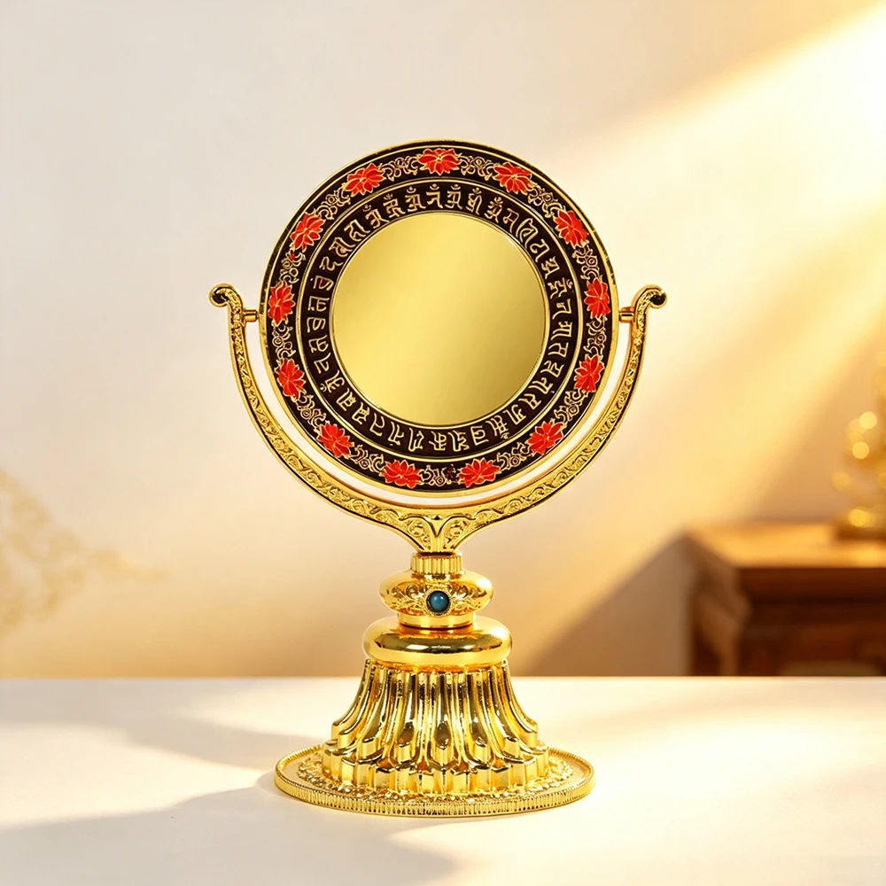 Nepalese Painted Cundi Bodhisattva Bronze Mirror, Portable Rotatable Gilded Treasure Mirror, Buddhist Shrine Offering Ornament