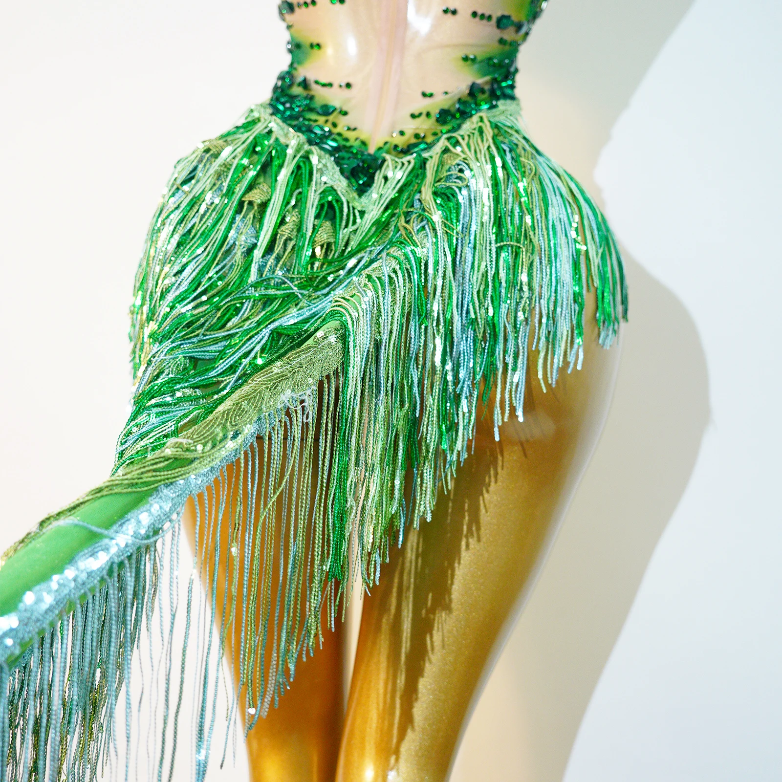 Sparkly Green Rhinestones Tassels Bodysuit Women Sexy Transparent Celebrate Birthday Outfit Performance Dance Costume Stage Wear view 6
