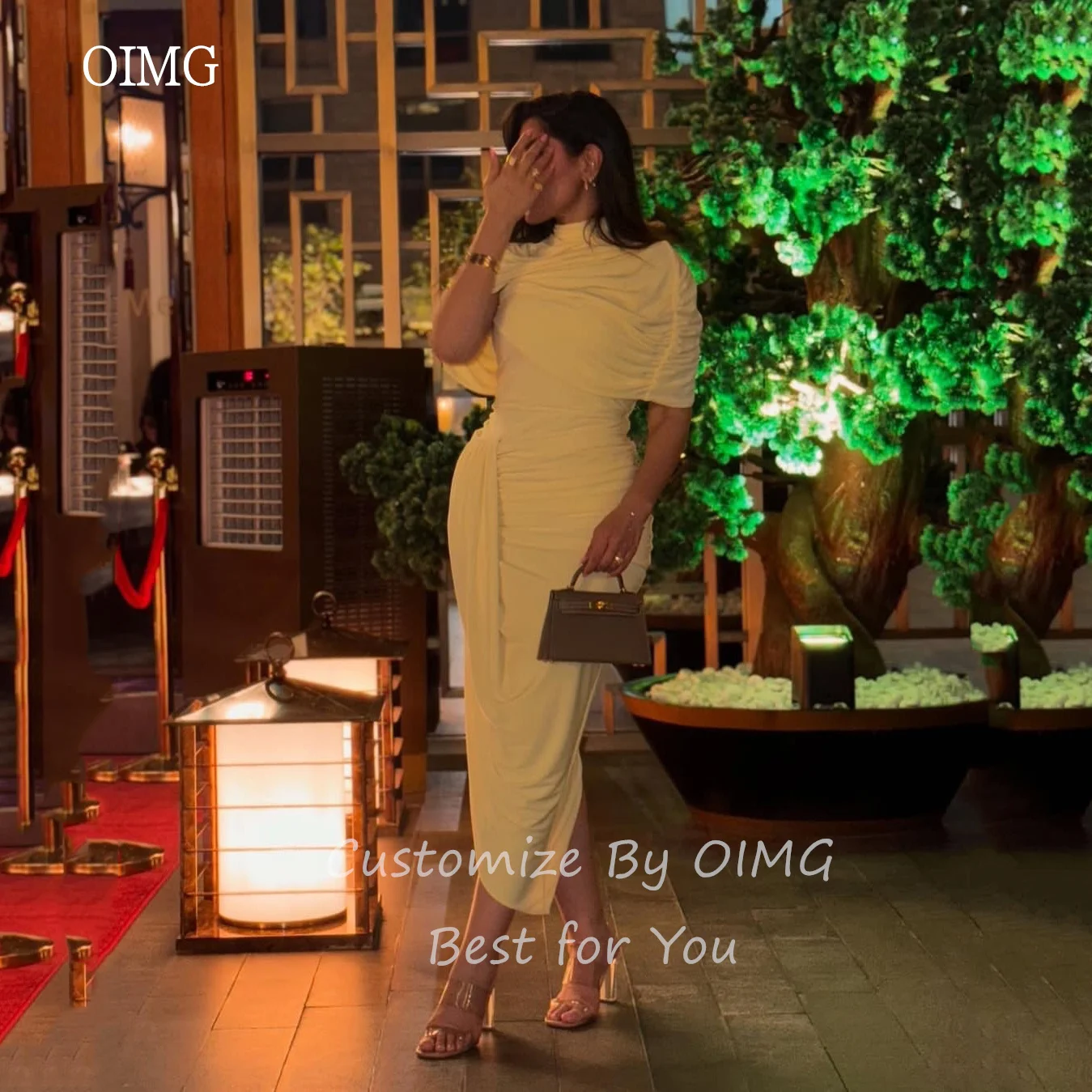 OIMG – robe de bal de forme sirène jaune beurre, gracieuse, col haut, longueur cheville saoudienne, personnalisée