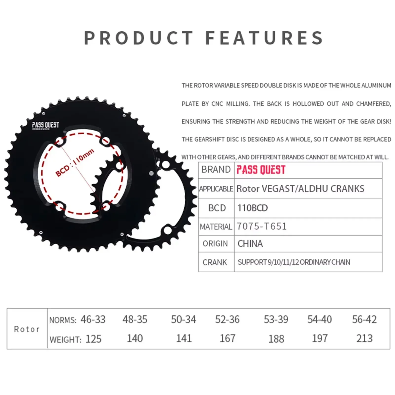 Pass Quest 110bcd 4 Bolt Double Chainring 46T-33T 48T-35T 50T-34T 52T-36T 53T-39T 54T-40T for 11 12S Ultralight Aluminum Black