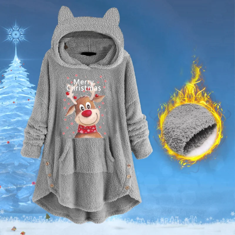 

2025 Christmas Printed Plush Sweatshirt Pullover Cat Ear Hooded Long Sleeve Fleece Loose Double Breasted Pocket Sweatshirt