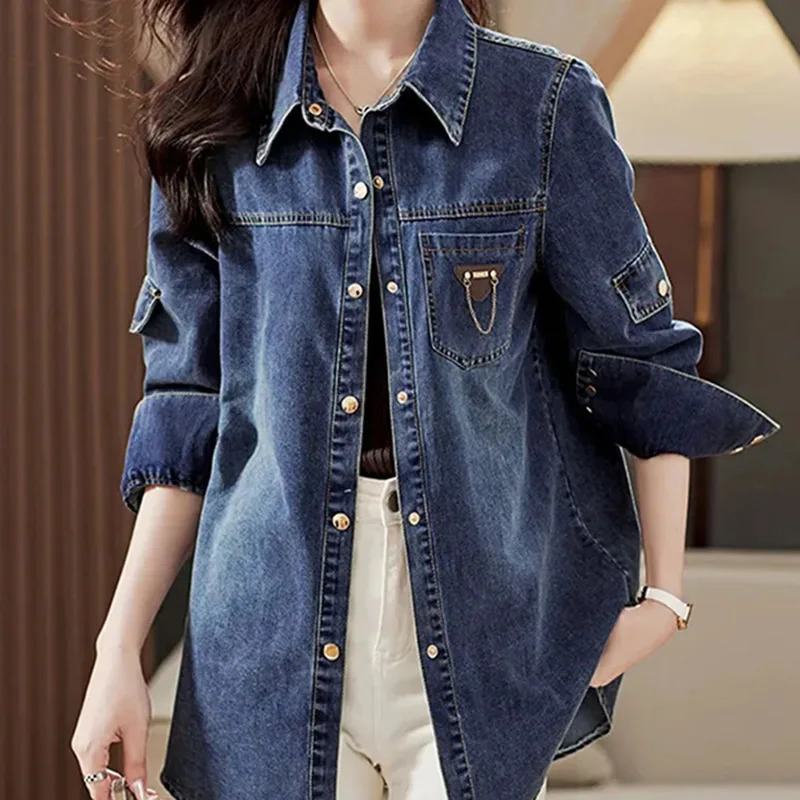 Denim Shirt Women Spring Autumn Single Breasted Tops Retro Long Sleeve Casual Fashion Shirt New