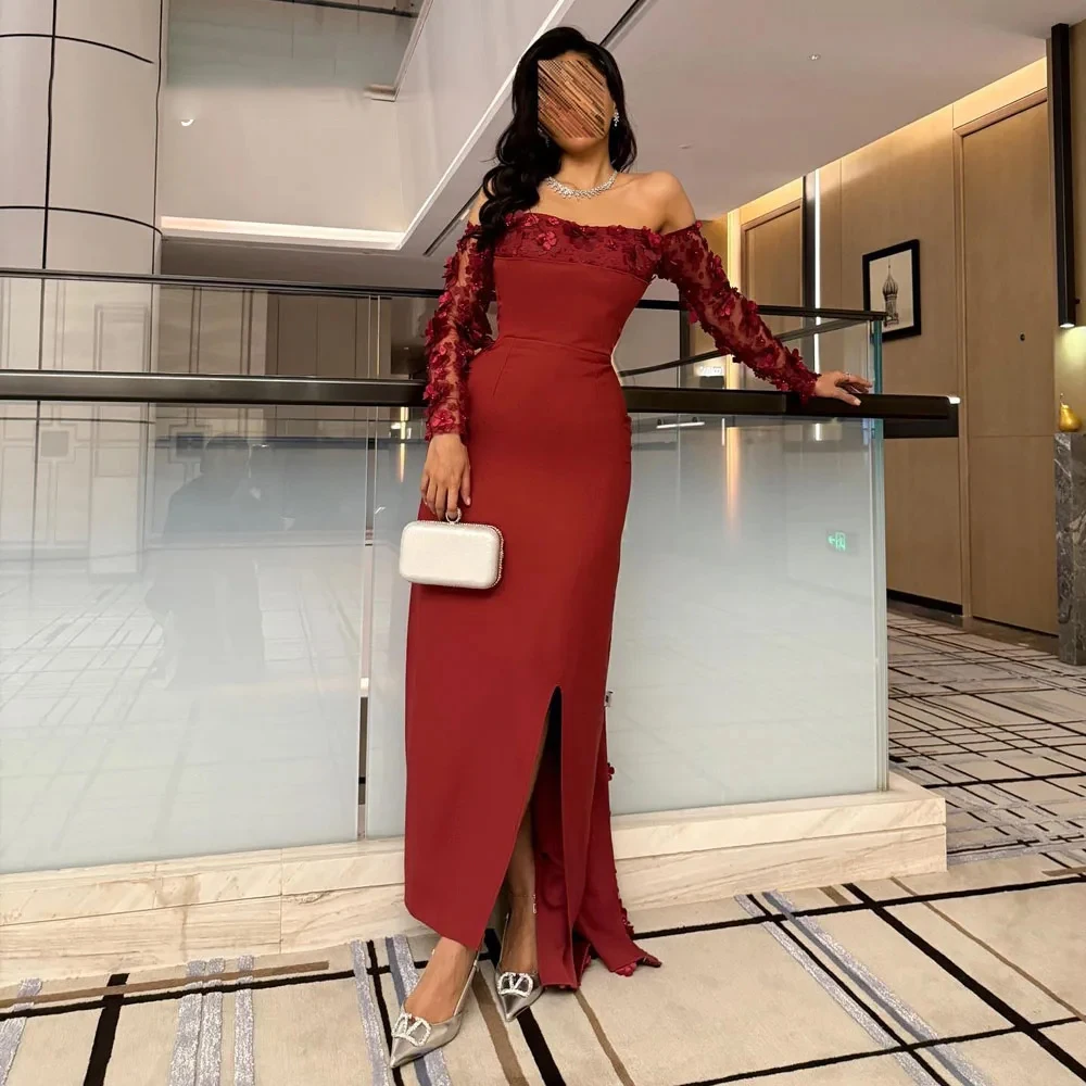 Personalizado requintado de alta qualidade clássico simples jérsei artesanal flor em linha reta barco pescoço vestidos longos vestidos de baile sexy