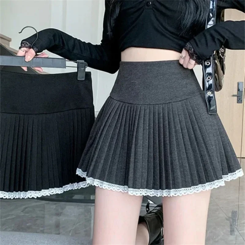 Plus Size Preppy Style Thick Woolen Skirt Women's High-Waisted A- Line Anti-Exposure Bubble Pleated Skirt Autumn