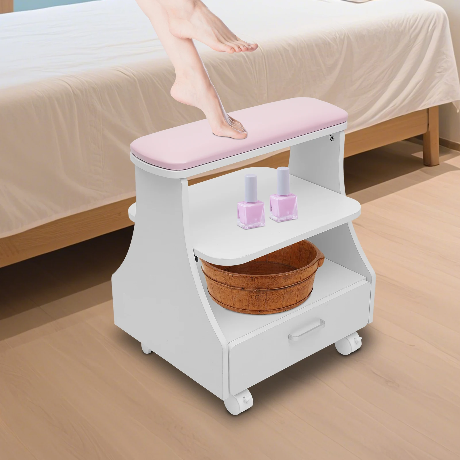 3-Tier Portable Esthetician Trolley Salon Nail Foot Trolley Cart Rolling Pedicure Manicure Cart with Seat for Nail Salons & Spa