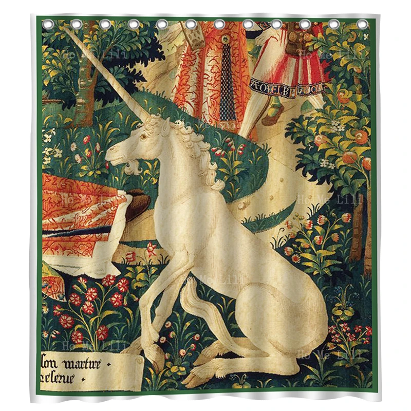 Pure White And Navy Blue The Last Unicorn Captivity Vintage Medieval Sign Noble Animal Paintings Shower Curtains By Ho Me Lili