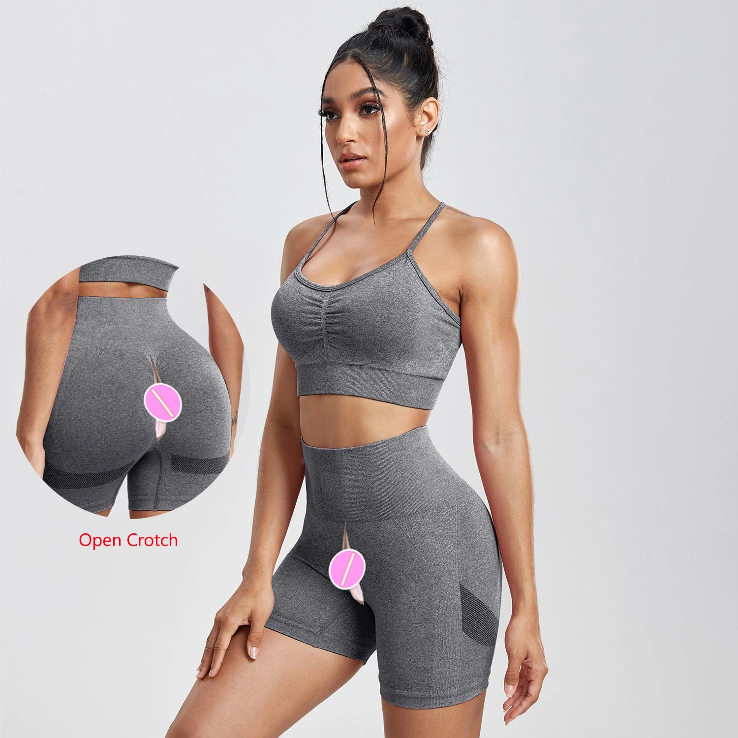 Open Crotch Woman\'s Sexy High Rise Gym Leggings Fitness Breathable Mini Hot Pants Crotchless Thin Shorts Capris Outdoor Sex Tool