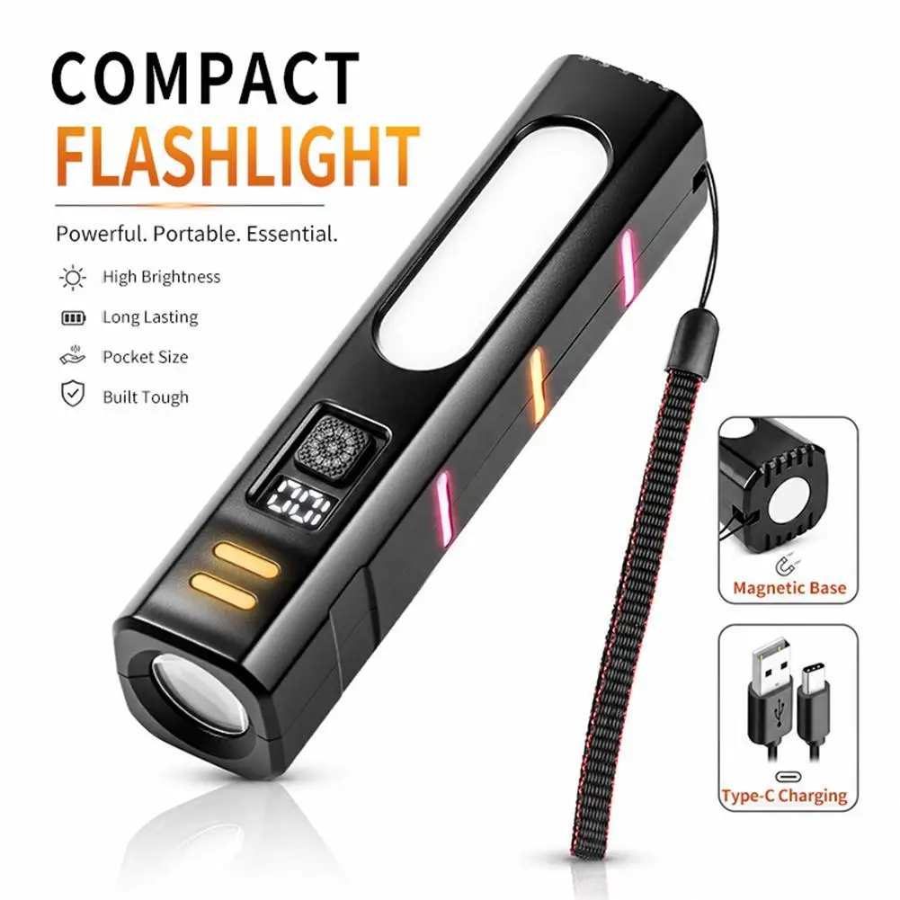 Rechargeable Flashlight With Side Light Red Blue Warning Magnetic Base 3000mAh Digital Display Portable Work Light For Outdoor