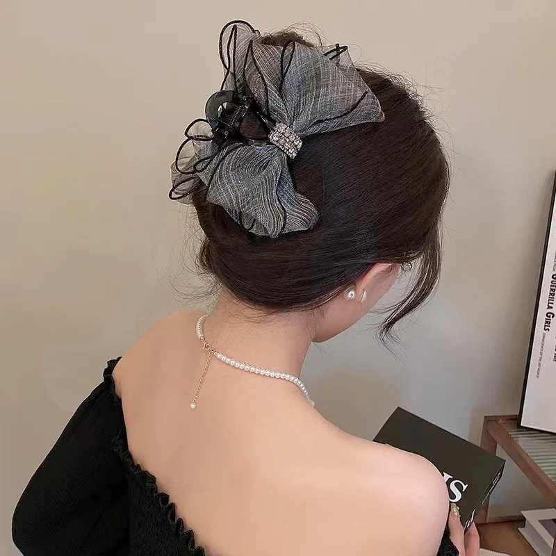 Elegant Mesh Bow Hair Clips Women Ponytail Claw Clip Sparkling Rhinestone Clips Hairpin Girls Headdress Hair Accessories Gifts