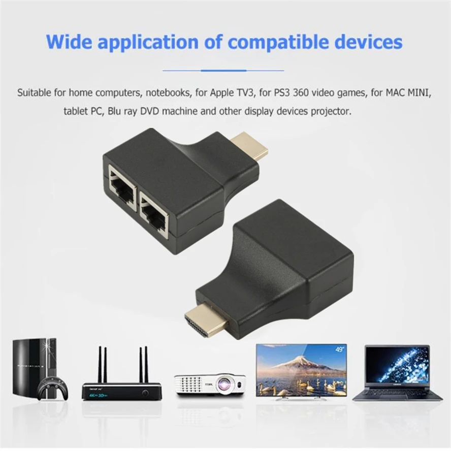 1Pair 1080P HDMI Dual RJ45 CAT5E CAT6 UTP LAN Ethernet HDMI Extender Repeater Adapter Extension to 30m For HDTV HDPC for PC