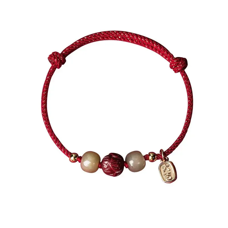 UMQ Natural Jade Cinnabar Lotus Red Rope Hetian Gray Jade Woven Hand Strap Blessing Card Transfer Ashore Bracelet Couple Style