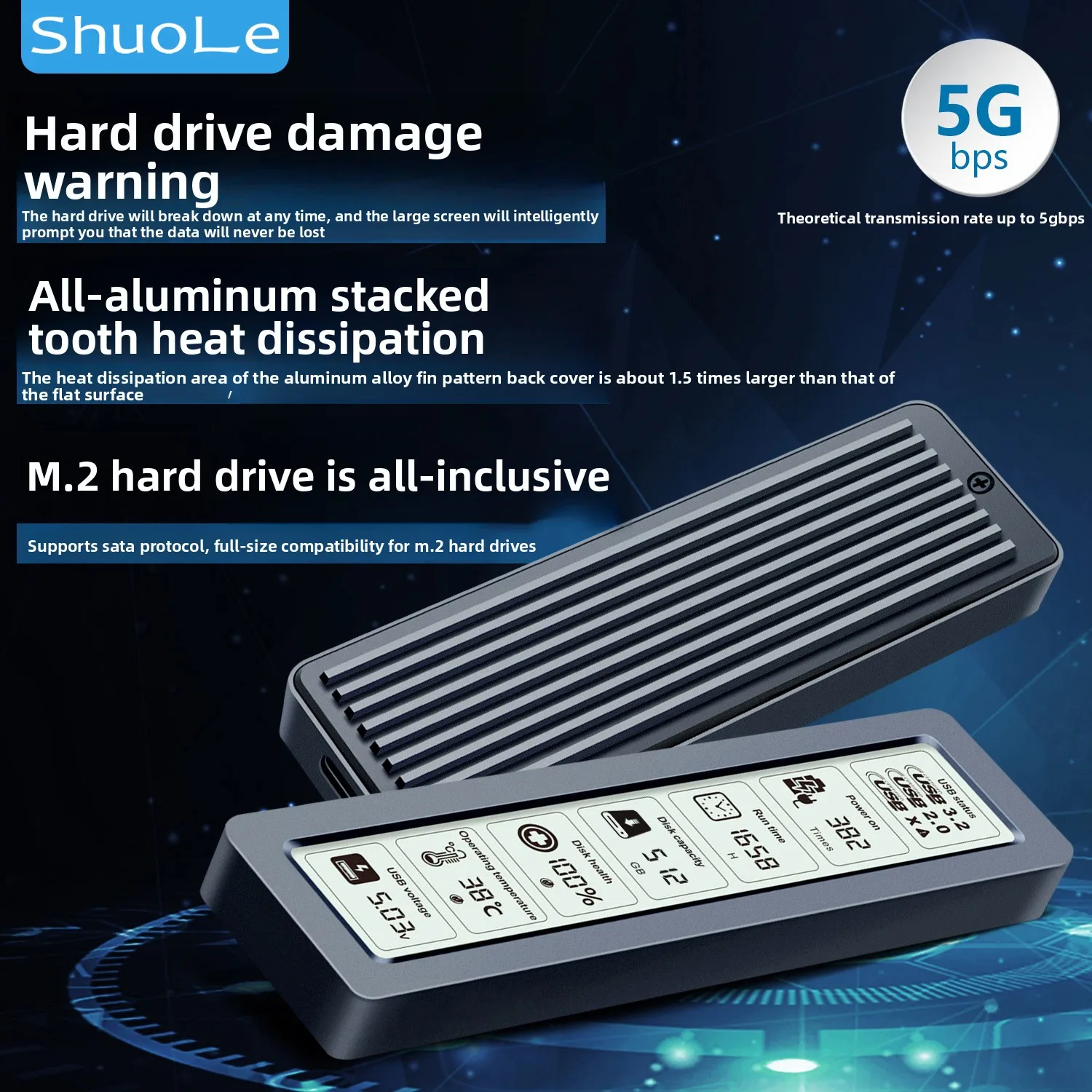 Shuole M.2 Smart Screen Display SSD Enclosure, Universal SATA Protocol, High-speed Type-C USB 3.2