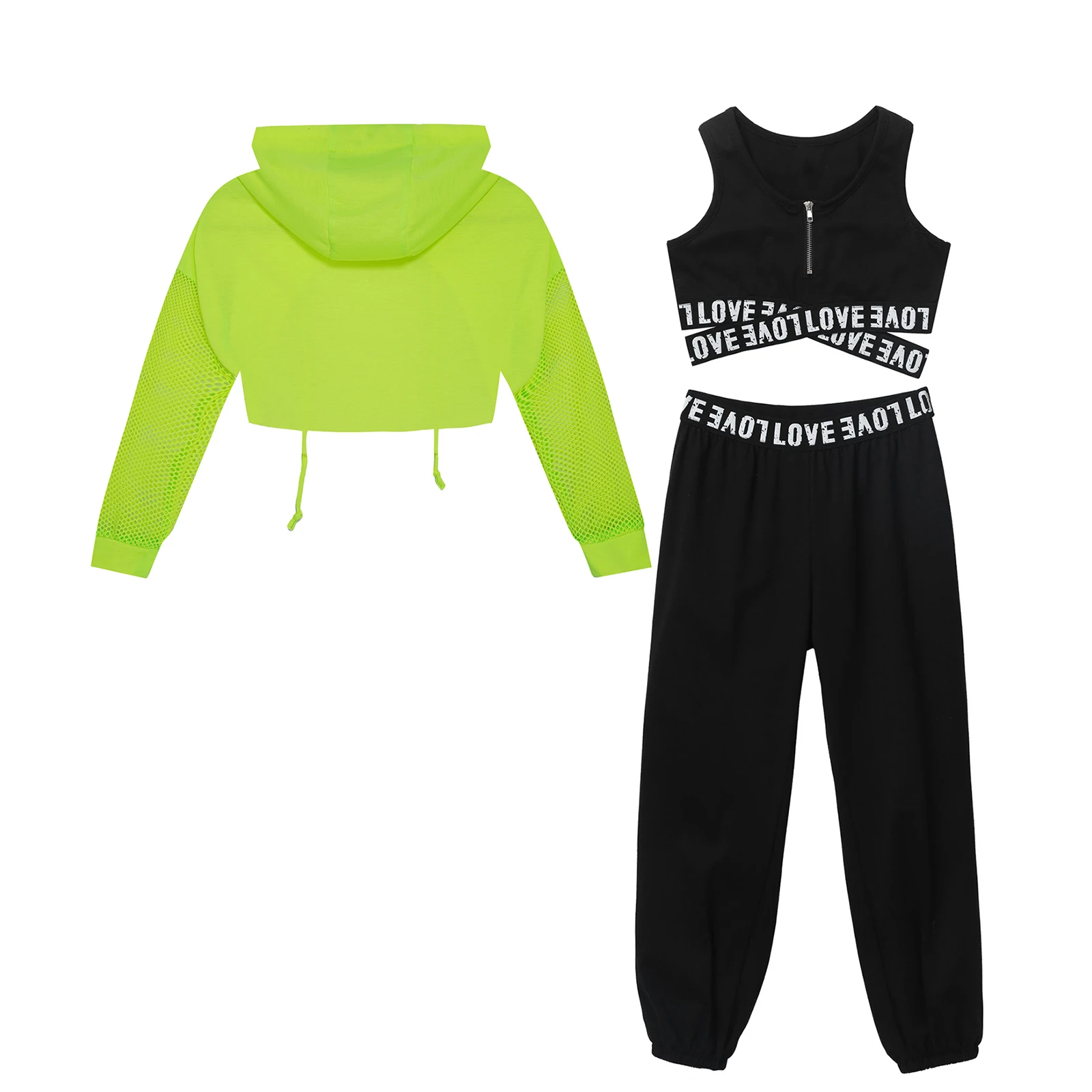 Kids Girls Hip Hop Street Dance Sports Suits Long Sleeve Drawstring Hooded Tops with Crop Top Pants Workout Training Tracksuit