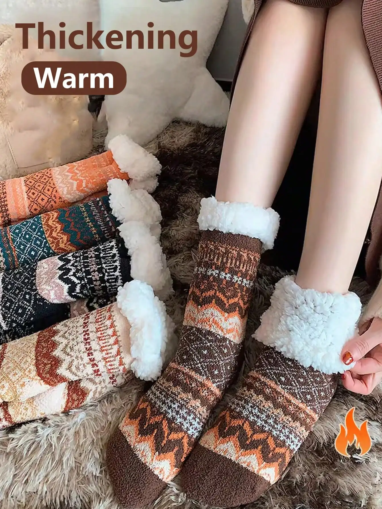 2 Pairs Of Thick Winter Warm Socks, Middle Tube Socks, Silicone Anti Slip Floor Socks, Cold Resistant Home Retro Pattern Long Tube Sleep Socks