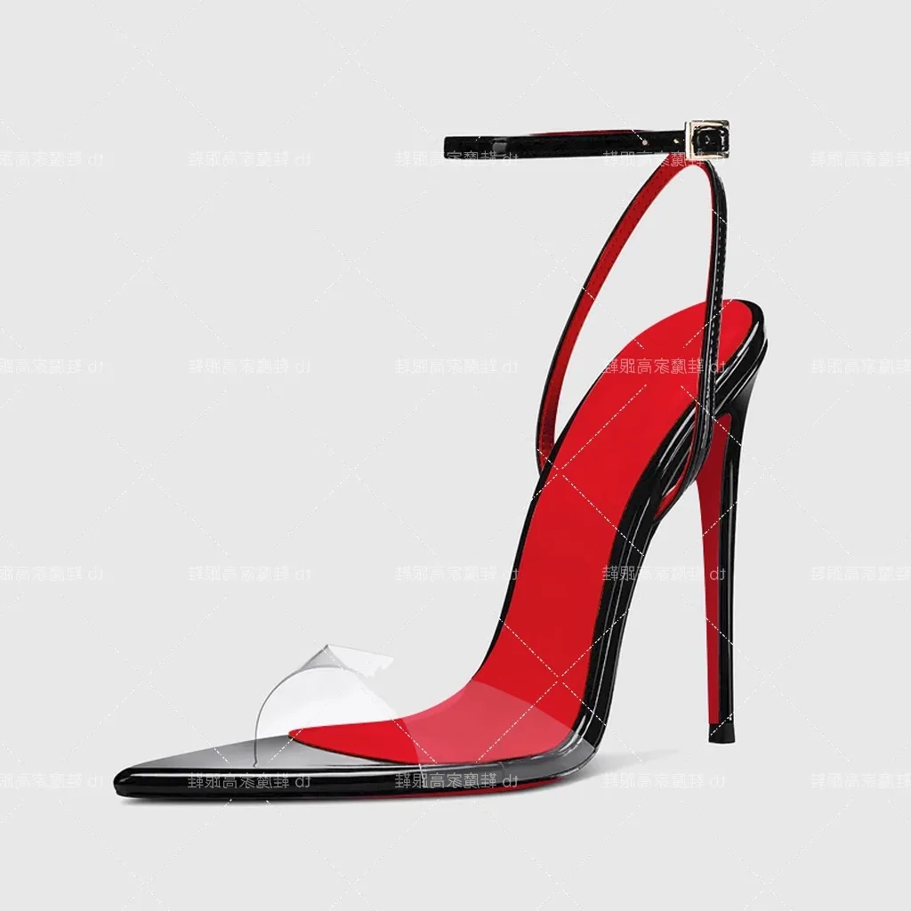 European and American Sexy Champagne Colored High Heels New Pointed Toe Open Toe Straight Buckle Sandals Women's Plus Size Shoes image 2