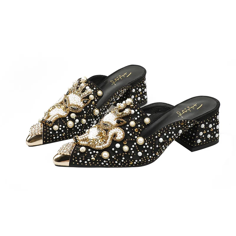European Summer Shoes for Women Luxury Sandals Hollow Out Pearl Rhinestone Fox Heels Slipper Girl Street Fashion Pumps image 5